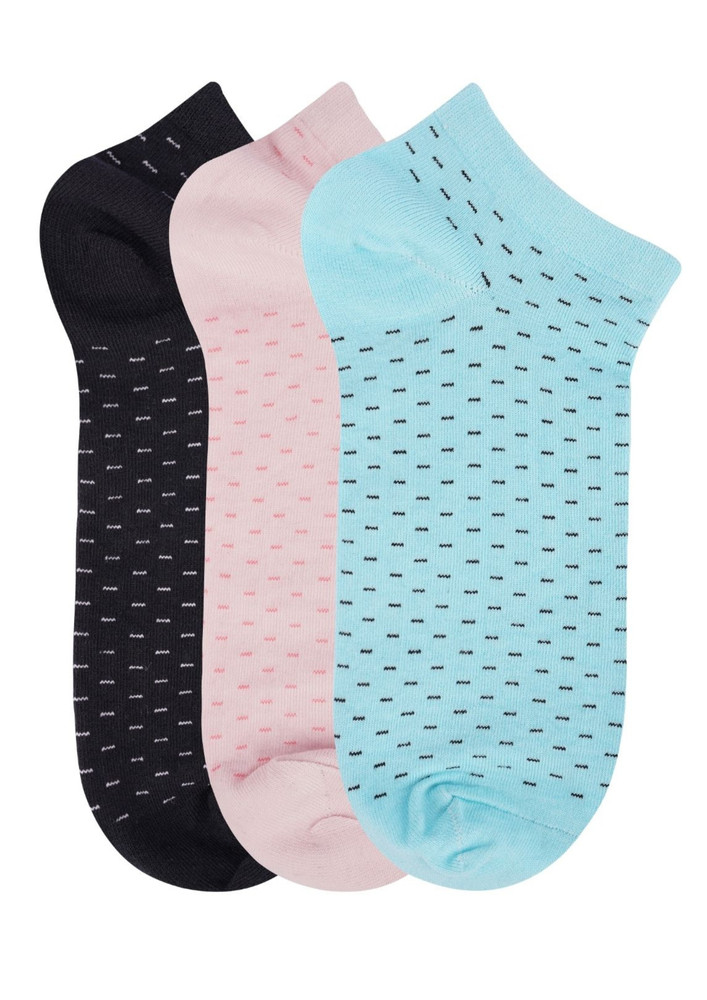 N2s Next2skin Women's Low Ankle Length Dotted Lines Cotton Socks (pack Of 3) (black:pink:lightblue)