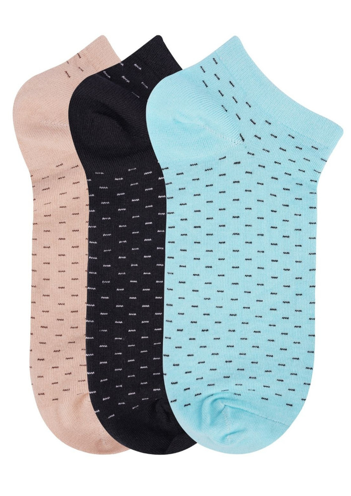 N2s Next2skin Women's Low Ankle Length Dotted Lines Cotton Socks (pack Of 3) (skin:black:lightblue)