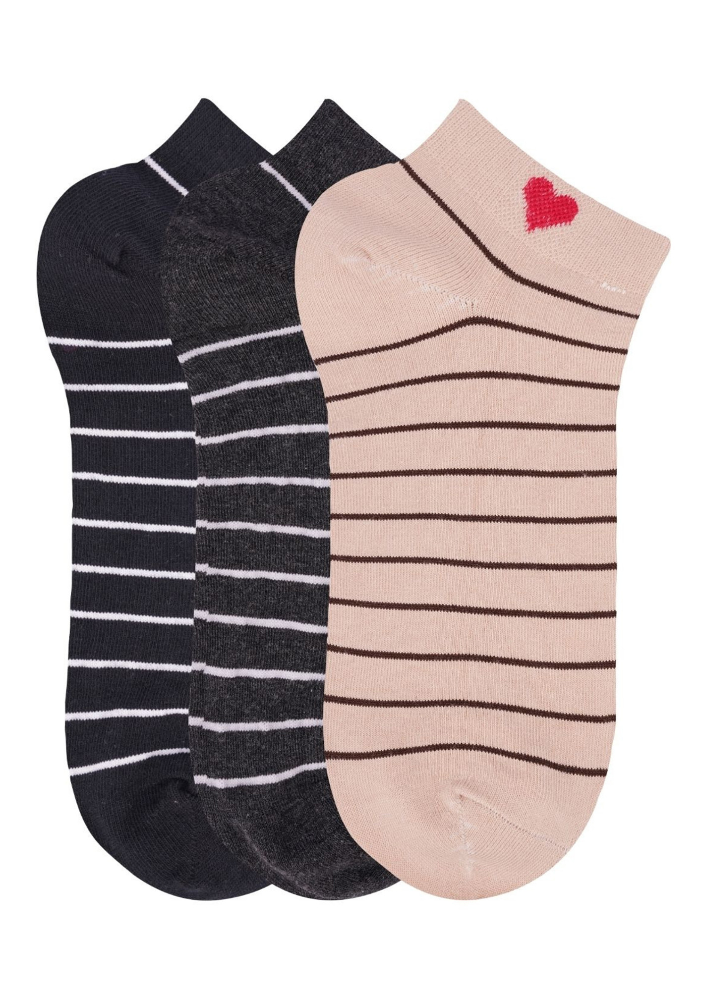 N2S NEXT2SKIN Women's Low Ankle Length Stripes Pattern Cotton Socks (Pack of 3) (Black:CharcoalGrey:Skin)