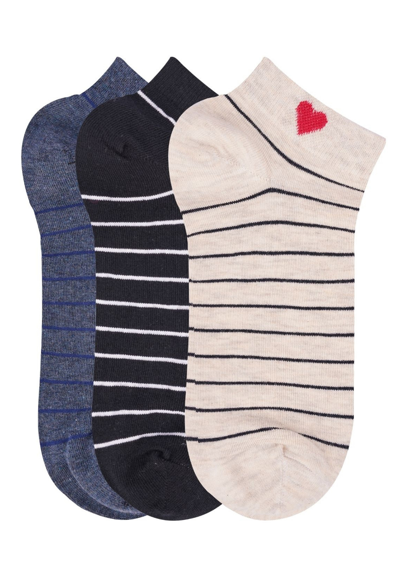 N2S NEXT2SKIN Women's Low Ankle Length Stripes Pattern Cotton Socks (Pack of 3) (Dark Grey:Black:Cream)