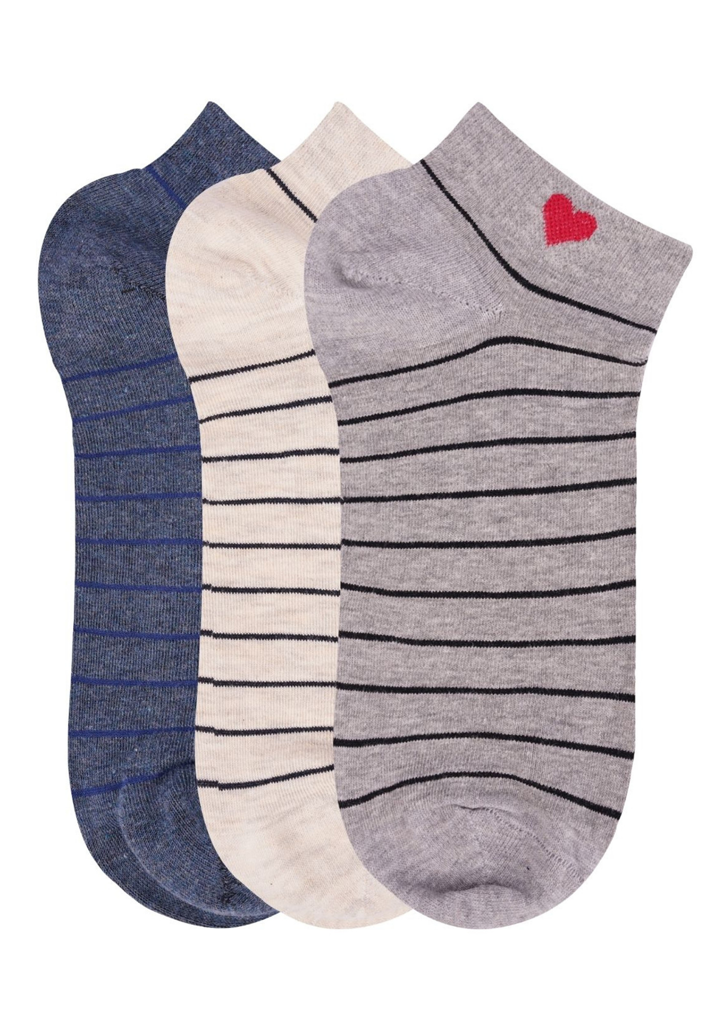 N2S NEXT2SKIN Women's Low Ankle Length Stripes Pattern Cotton Socks (Pack of 3) (Dark Grey:Cream:Grey)
