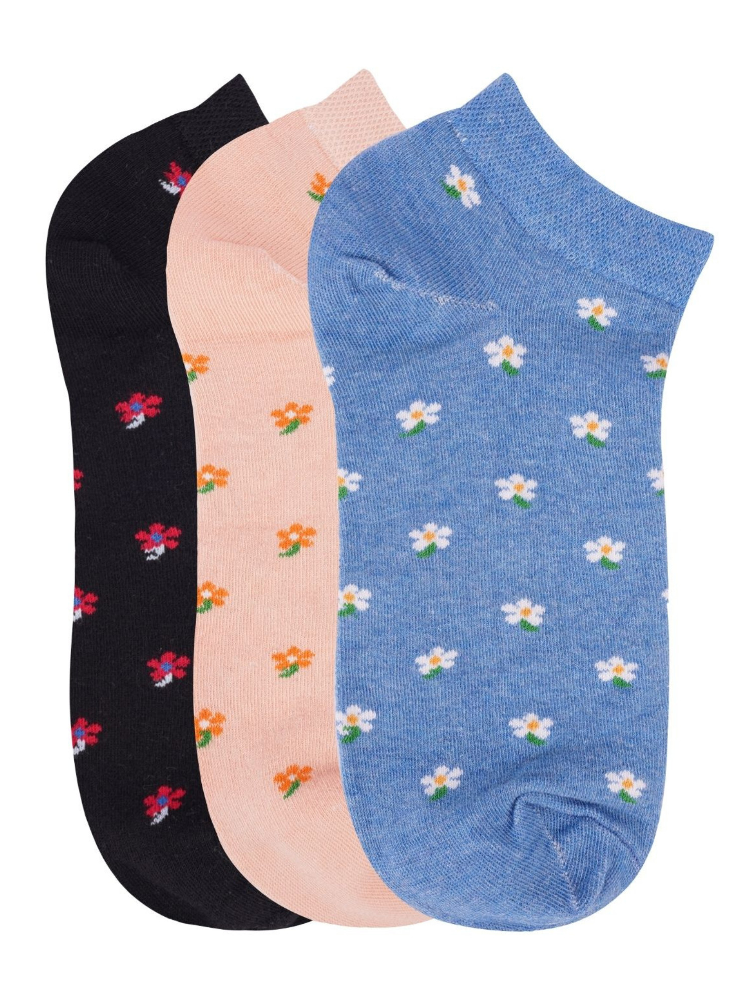 N2S NEXT2SKIN Women's Low Ankle Length Flower Pattern Cotton Socks (Pack of 3) (Black:Peach:Blue)