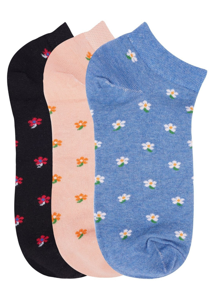 N2s Next2skin Women's Low Ankle Length Flower Pattern Cotton Socks (pack Of 3) (black:peach:blue)