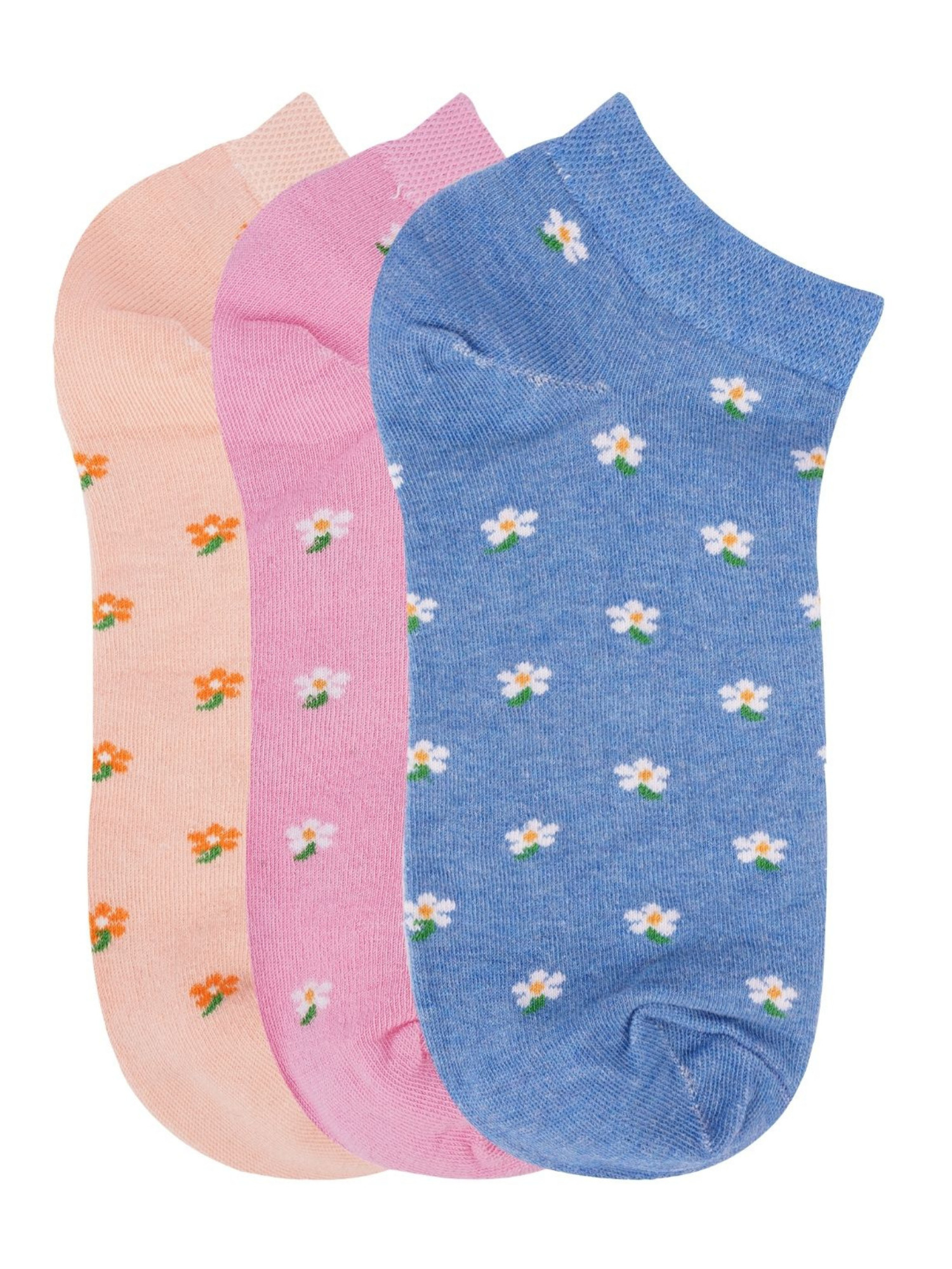 N2S NEXT2SKIN Women's Low Ankle Length Flower Pattern Cotton Socks (Pack of 3) (Peach:Pink:Blue)