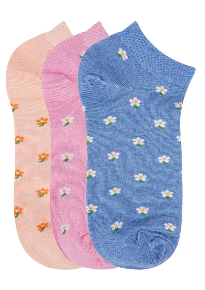 N2s Next2skin Women's Low Ankle Length Flower Pattern Cotton Socks (pack Of 3) (peach:pink:blue)