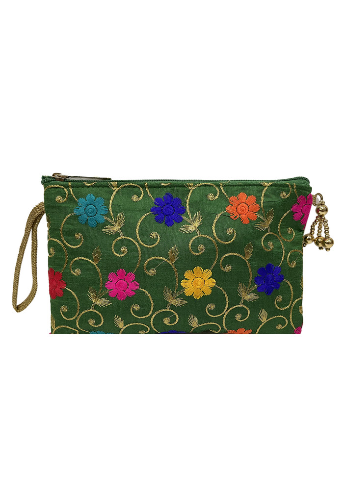 Traditional Handcrafted Green Colour Embroidery Pouch For Women/Girls