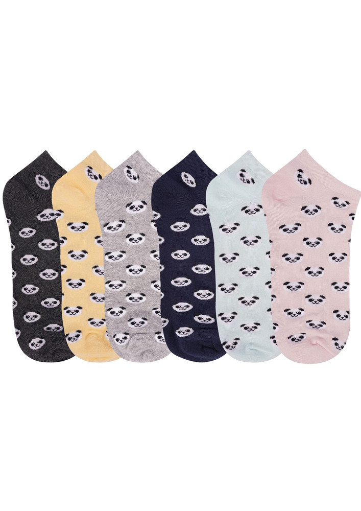 N2s Next2skin Women's Low Ankle Length Panda Pattern Cotton Socks - Pack Of 6 Pairs, Multicolor