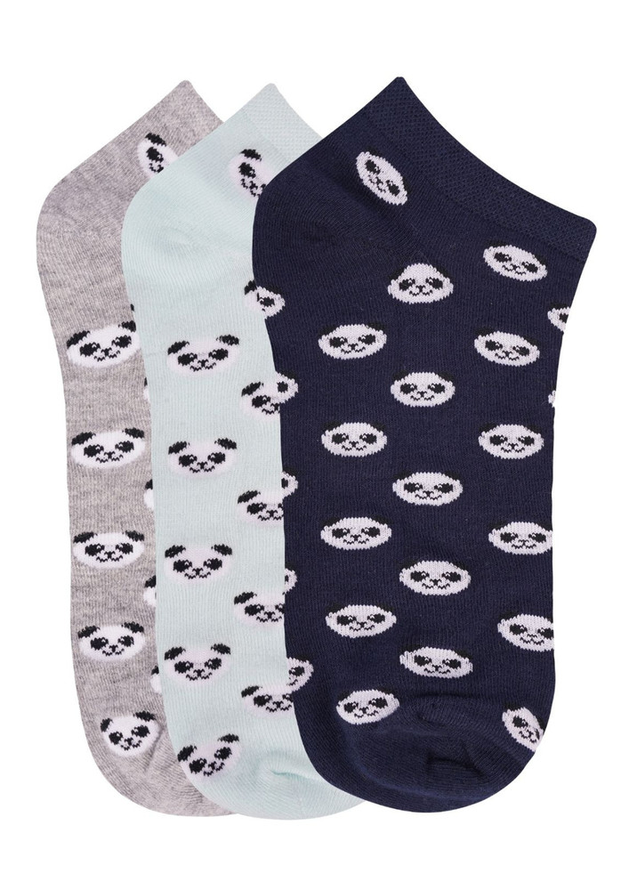 N2s Next2skin Women's Low Ankle Length Panda Pattern Cotton Socks (pack Of 3) (grey:lightblue:navy)
