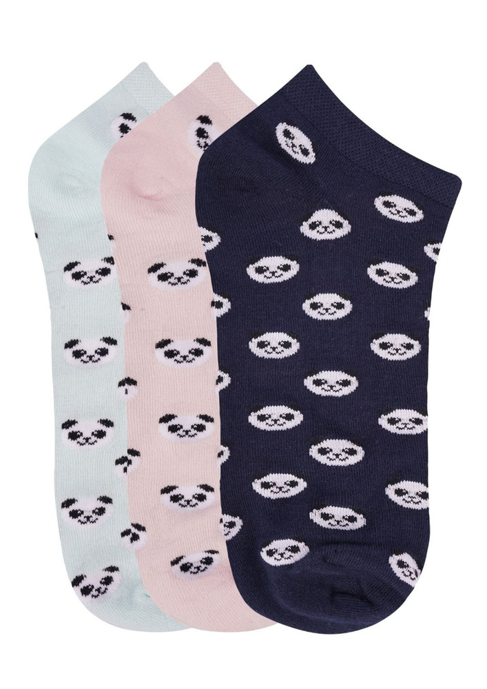 N2s Next2skin Women's Low Ankle Length Panda Pattern Cotton Socks (pack Of 3) (lightblue:babypink:navy)