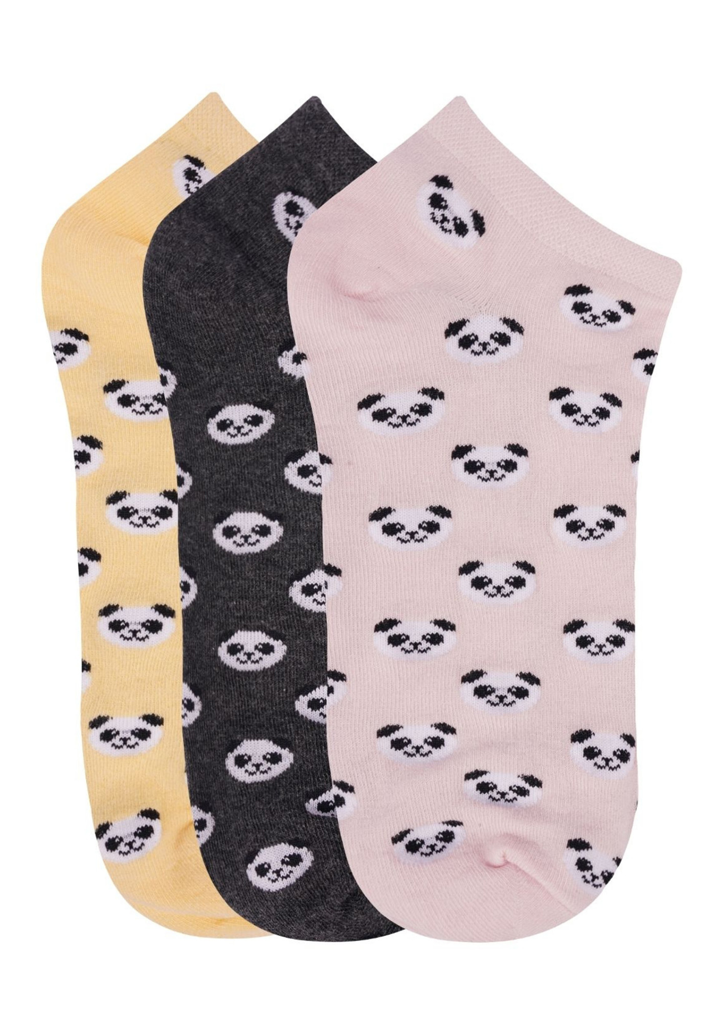 N2S NEXT2SKIN Women's Low Ankle Length Panda Pattern Cotton Socks (Pack of 3) (Yellow:CharcoalGrey:BabyPink)