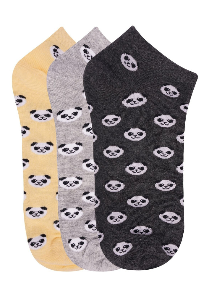 N2s Next2skin Women's Low Ankle Length Panda Pattern Cotton Socks (pack Of 3) (yellow:grey:charcoalgrey)