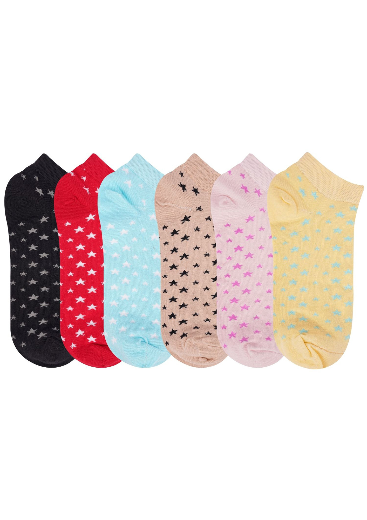 N2S NEXT2SKIN Women's Low Ankle Length Star Pattern Cotton Socks - Pack of 6 Pairs, Multicolor