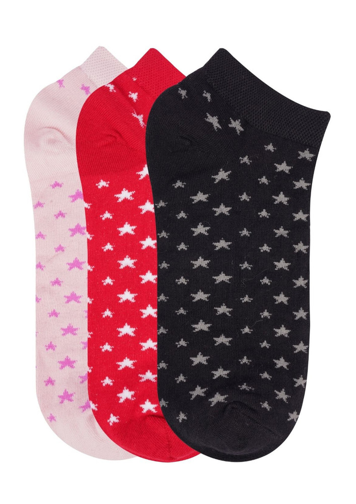 N2s Next2skin Women's Low Ankle Length Star Pattern Cotton Socks (pack Of 3) (babypink:red:black)
