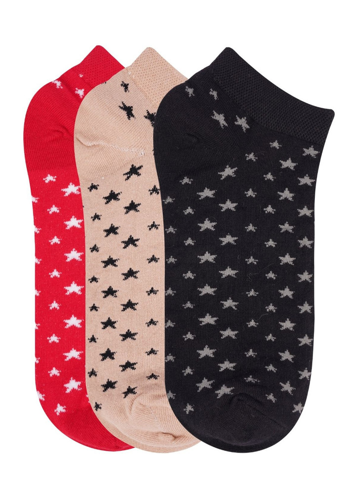 N2s Next2skin Women's Low Ankle Length Star Pattern Cotton Socks (pack Of 3) (red:skin:black)