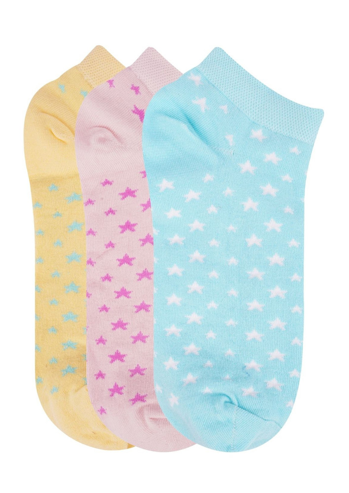 N2s Next2skin Women's Low Ankle Length Star Pattern Cotton Socks (pack Of 3) (yellow:babypink:lightblue)