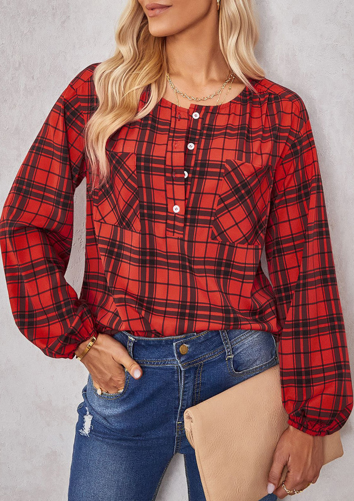PLAID PRINT DOUBLE POCKETS RED TOP