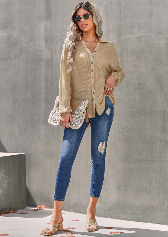 RIBBED BUTTON DOWN BEIGE REGULAR TOP