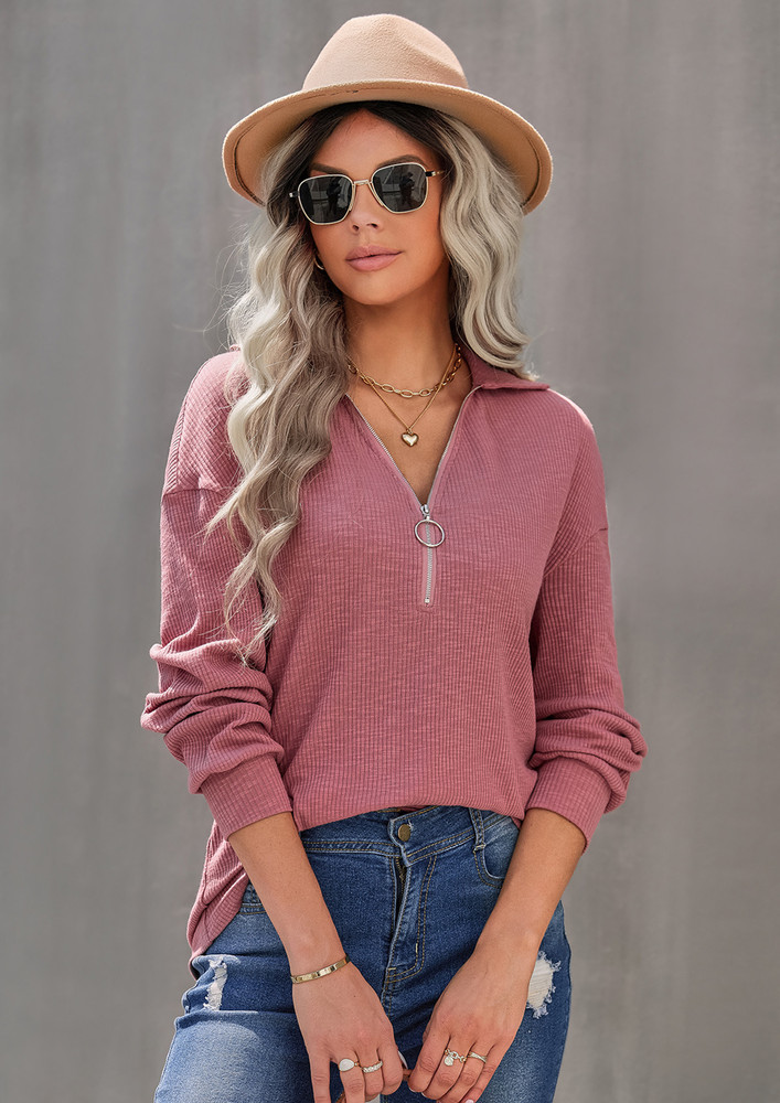 COLLAR ZIP-FLY FRONT SOLID PINK T-SHIRT
