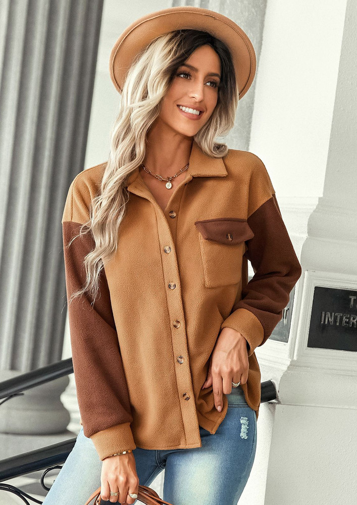 BROWN COLLARED TWO-TONE BUTTON-DOWN KNIT JACKET