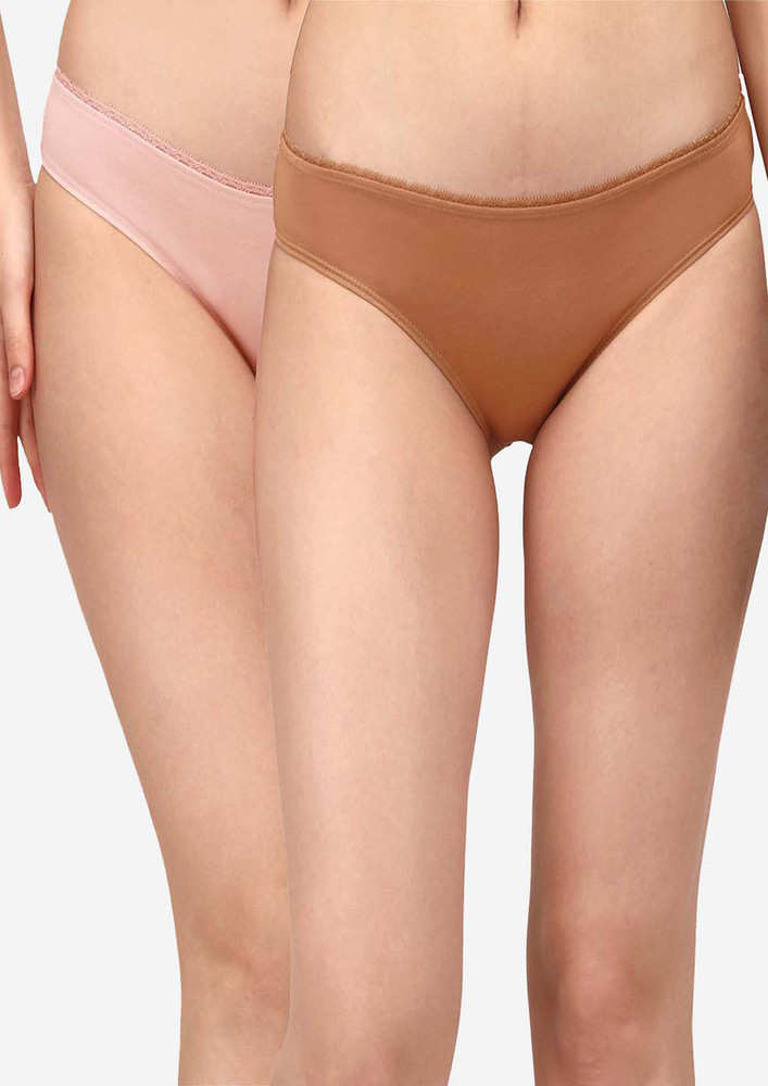 Soie Women's Solid Beige & Tan Bikini Panties (pack Of 2)