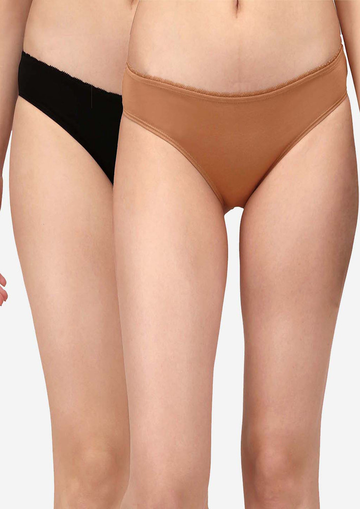 Soie Women's Solid Black & Tan Bikini Panties (pack Of 2)