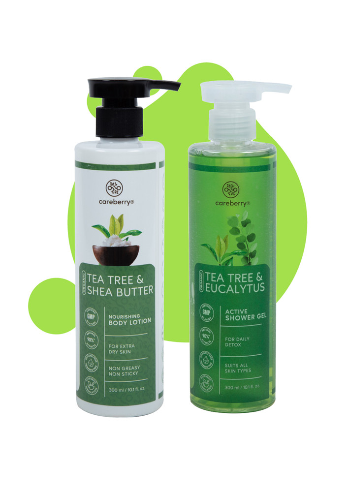 Careberry Organic Tea Tree Oil Shower Gel + Body Lotion Combo, Ayush Certified Ayurvedic, Sulphate & Paraben Free, Silicone & Peg Free 300*2ml