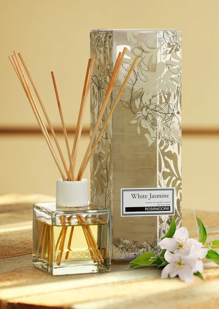 Rosemoore Reed Diffuser Set /Aroma Reed Diffuser /Reed Diffuser Home Fragrance /Scented Reed Diffuser for Offices, Home, Hotel, Bathroom & Living Room Room 200ml with 10 Reed Sticks - White Jasmine