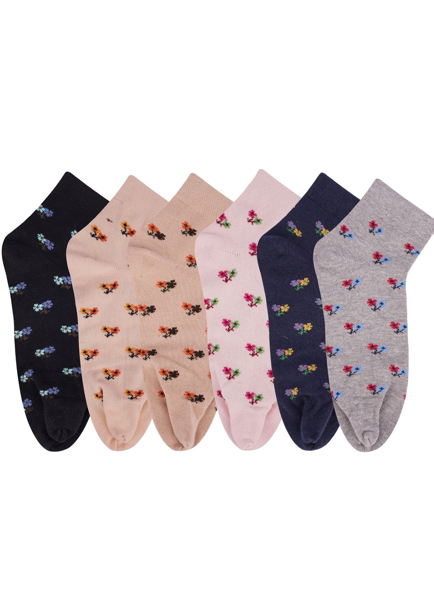 N2S NEXT2SKIN Women's Cotton Ankle Length Thumb Floral Pattern Socks - Pack of 6 Pairs (Multicolor)