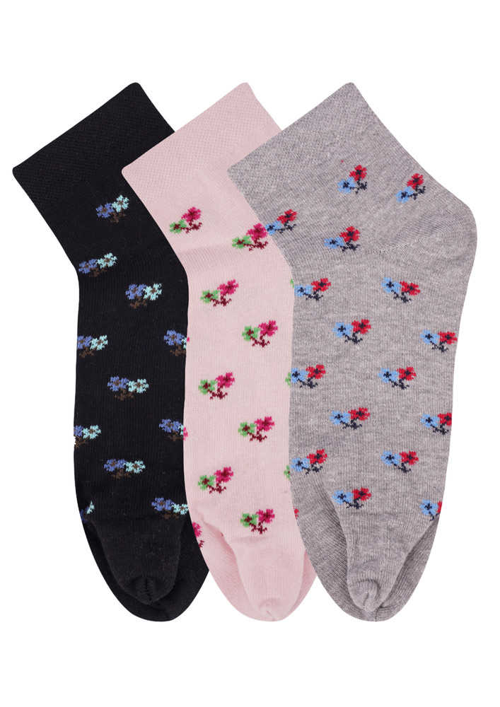 N2s Next2skin Women's Low Ankle Length Cotton Flower Pattern Thumb Socks (pack Of 3) (grey:pink:black)