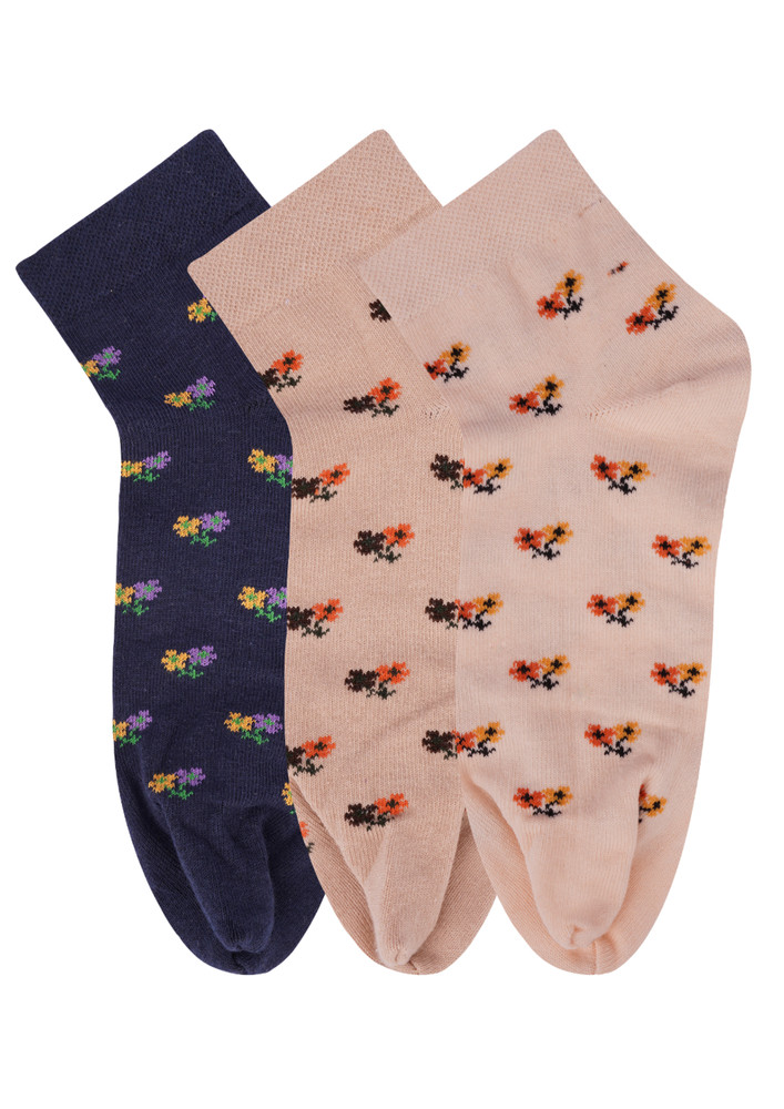 N2s Next2skin Women's Low Ankle Length Cotton Flower Pattern Thumb Socks (pack Of 3) (navy:peach:skin)
