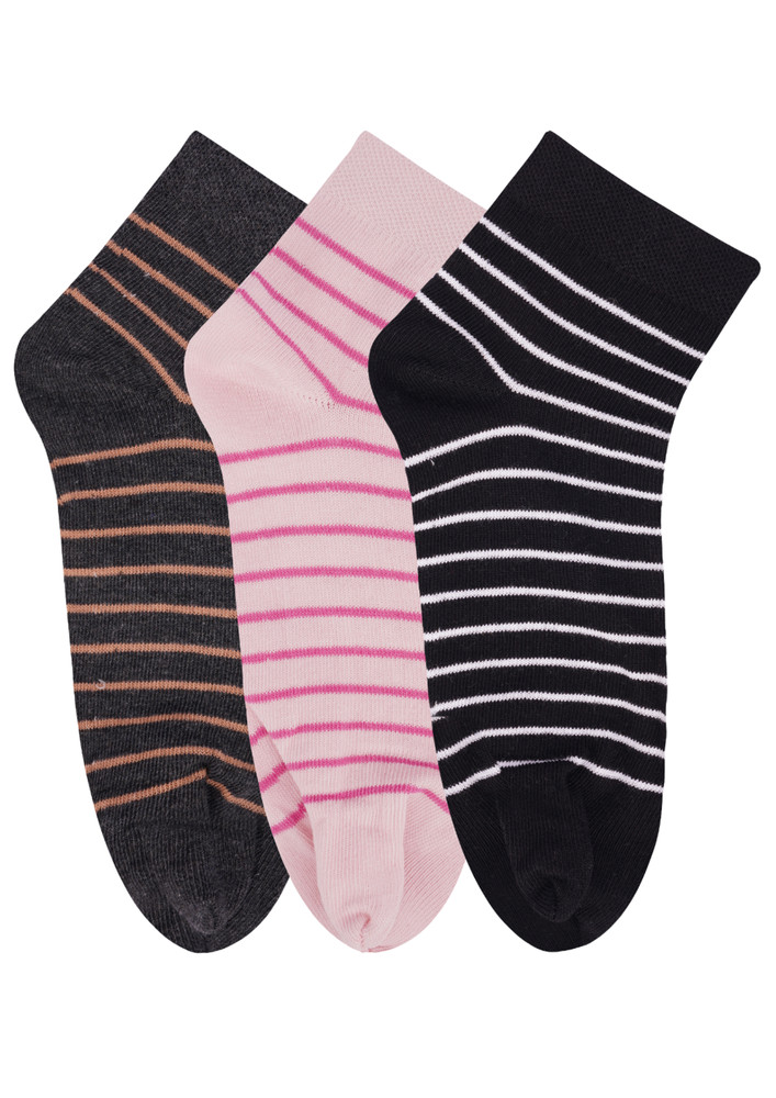N2s Next2skin Women's Low Ankle Length Cotton Stripes Pattern Thumb Socks (pack Of 3) (charcoalgrey:pink:black)