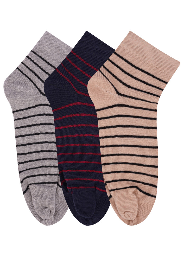 N2s Next2skin Women's Low Ankle Length Cotton Stripes Pattern Thumb Socks (pack Of 3) (grey:navy:skin)