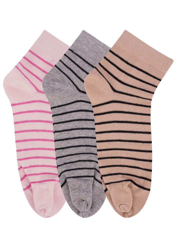 N2s Next2skin Women's Low Ankle Length Cotton Stripes Pattern Thumb Socks (pack Of 3) (pink:grey:skin)