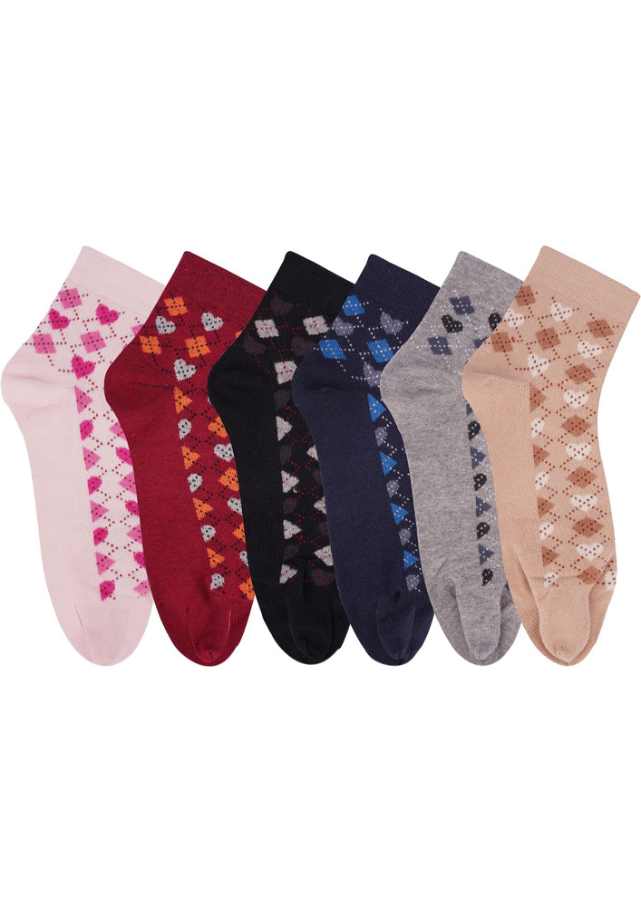 N2s Next2skin Women's Cotton Ankle Length Thumb Argyle Pattern Socks - Pack Of 6 Pairs (multicolor)