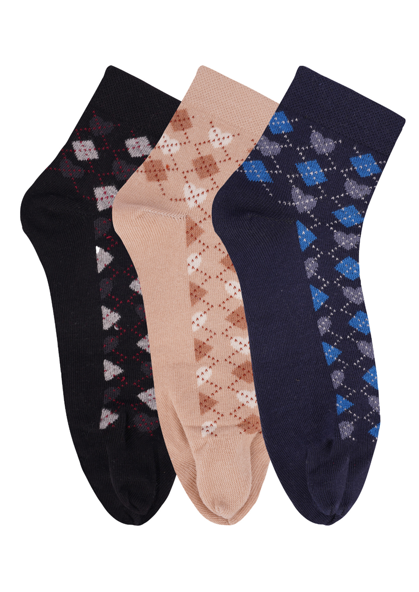 N2S NEXT2SKIN Women's Low Ankle Length Cotton Argyle Pattern Thumb Socks (Pack of 3) (Black:Skin:Navy)
