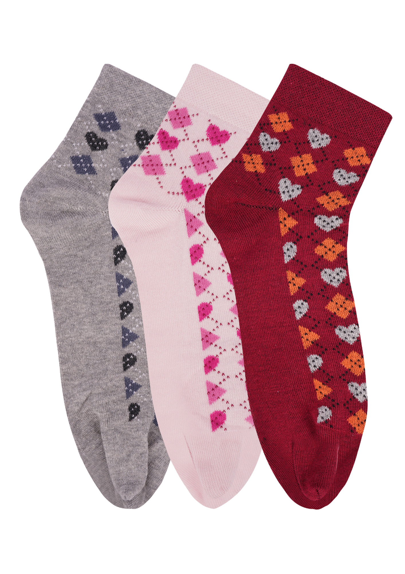 N2S NEXT2SKIN Women's Low Ankle Length Cotton Argyle Pattern Thumb Socks (Pack of 3) (Grey:Pink:Red)