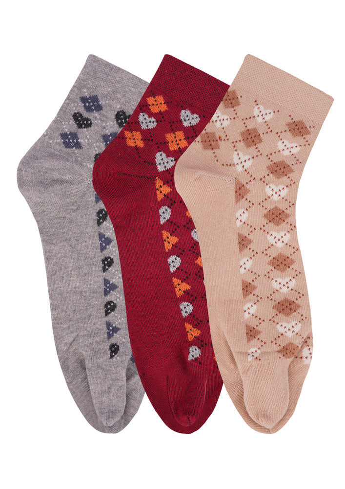 N2s Next2skin Women's Low Ankle Length Cotton Argyle Pattern Thumb Socks (pack Of 3) (grey:red:skin)