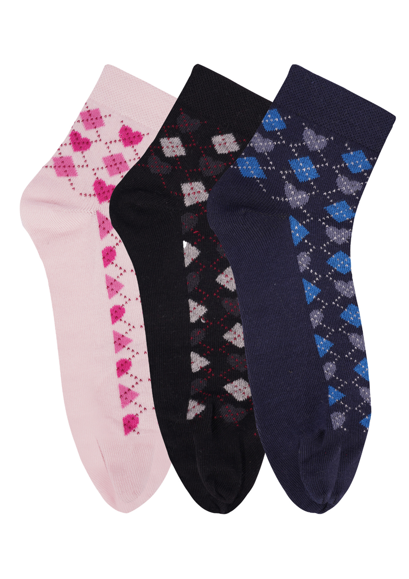 N2S NEXT2SKIN Women's Low Ankle Length Cotton Argyle Pattern Thumb Socks (Pack of 3) (Pink:Black:Navy)