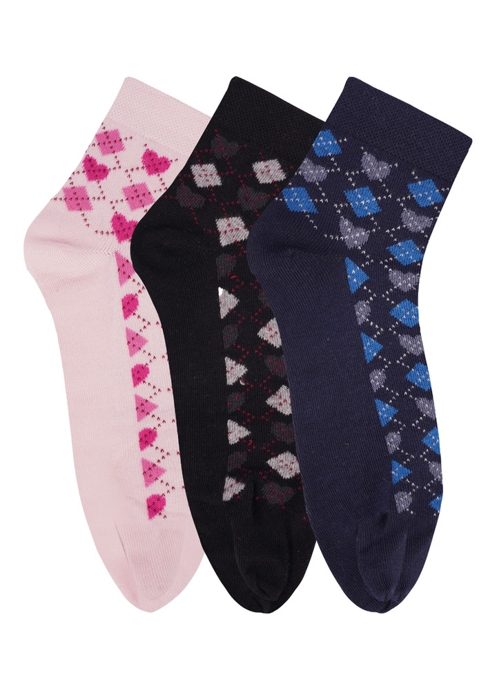 N2s Next2skin Women's Low Ankle Length Cotton Argyle Pattern Thumb Socks (pack Of 3) (pink:black:navy)