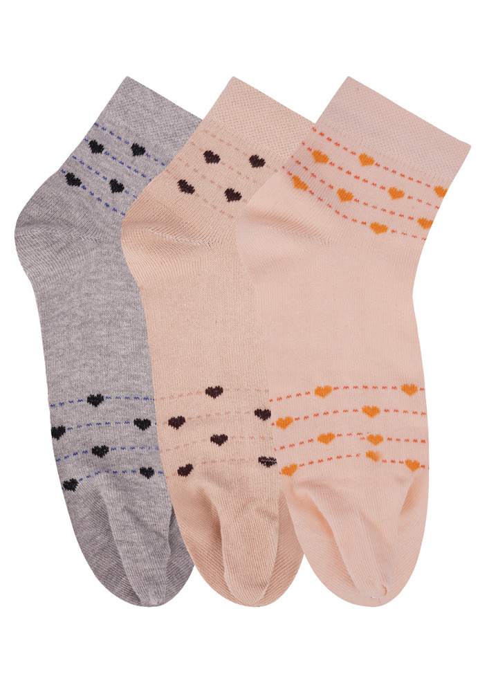 N2s Next2skin Women's Low Ankle Length Cotton Heart Pattern Thumb Socks (pack Of 3) (grey:peach:skin)