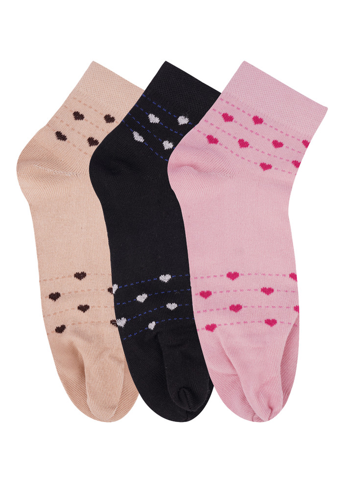 N2s Next2skin Women's Low Ankle Length Cotton Heart Pattern Thumb Socks (pack Of 3) (peach:black:pink)