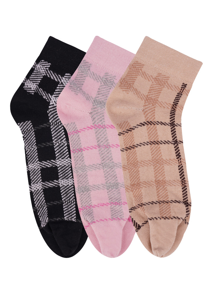 N2s Next2skin Women's Low Ankle Length Cotton Plaid Pattern Thumb Socks (pack Of 3) (black:pink:skin)