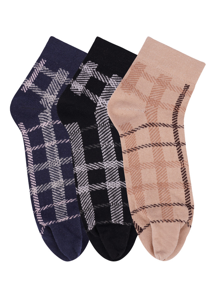 N2s Next2skin Women's Low Ankle Length Cotton Plaid Pattern Thumb Socks (pack Of 3) (navy:black:skin)