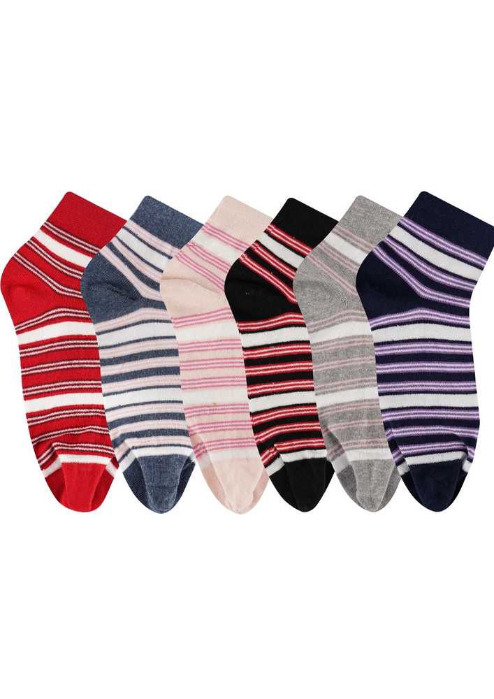 N2S NEXT2SKIN Women's Cotton Ankle Length Thumb Color Striped Pattern Socks - Pack of 6 Pairs (Multicolor)
