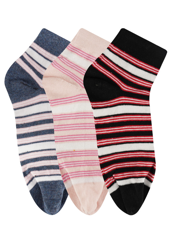 N2s Next2skin Women's Low Ankle Length Cotton Stripes Pattern Thumb Socks (pack Of 3) (blue:pink:black)