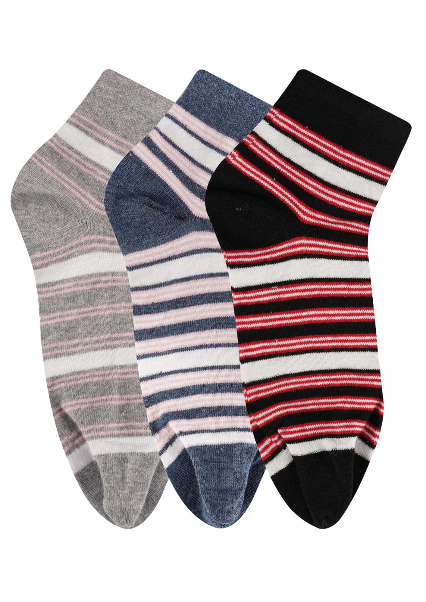 N2S NEXT2SKIN Women's Low Ankle Length Cotton Stripes Pattern Thumb Socks (Pack of 3) (Grey:Blue:Black)