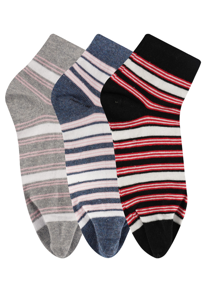 N2s Next2skin Women's Low Ankle Length Cotton Stripes Pattern Thumb Socks (pack Of 3) (grey:blue:black)
