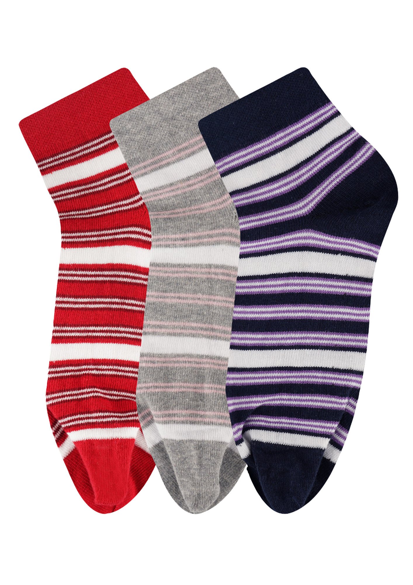 N2S NEXT2SKIN Women's Low Ankle Length Cotton Stripes Pattern Thumb Socks (Pack of 3) (Navy:Grey:Red)