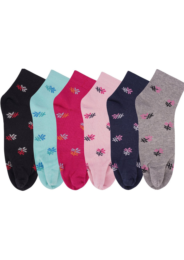 N2S NEXT2SKIN Women's Cotton Ankle Length Thumb Leaf Pattern Socks - Pack of 6 Pairs (Multicolor)