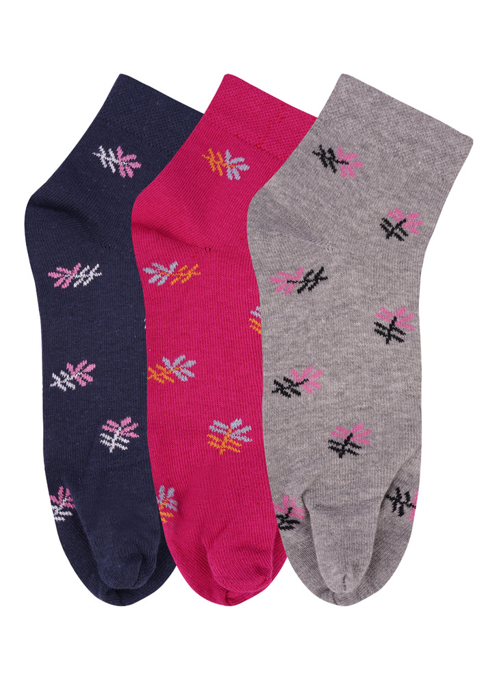 N2s Next2skin Women's Low Ankle Length Cotton Flower Pattern Thumb Socks (pack Of 3) (navy:darkpink:grey)